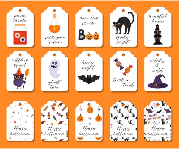 Een Set Van Kleurrijke Cadeau Tags Met Halloween Symbolen Belettering — Stockvector