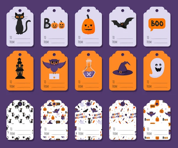 Eine Sammlung Bunter Geschenketiketten Mit Halloween Symbolen Und Wörtern Kürbislaterne — Stockvektor
