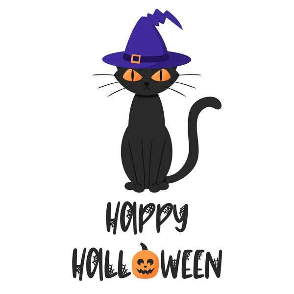 Сидит Хмурая Черная Кошка Волшебной Шляпе Текст Шрифта Happy Halloween — стоковый вектор