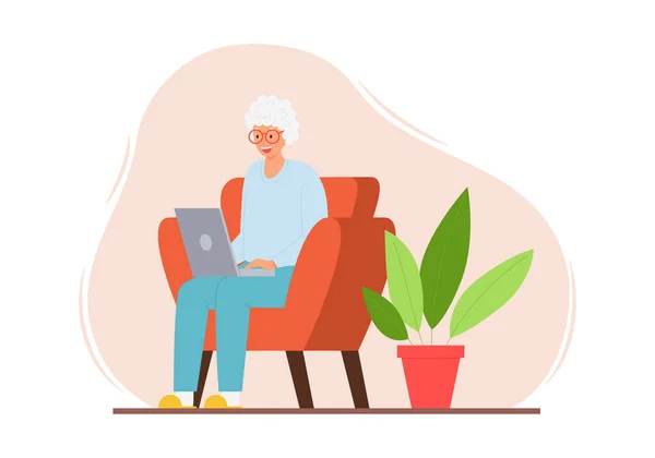 한연로 부인은 노트북을 가지고 집안에 의자에 흰머리를 현대인 할머니는 컴퓨터를 — 스톡 벡터