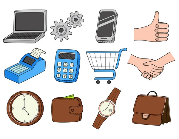 Bir dizi renkli karalama işi ikonu. Laptop, hesap makinesi, yazar kasa, kol saati, çanta, cüzdan, el sıkışma, market arabası. El çizimi renk vektörü çizimi. Beyaz bir grupta izole edilmiş.