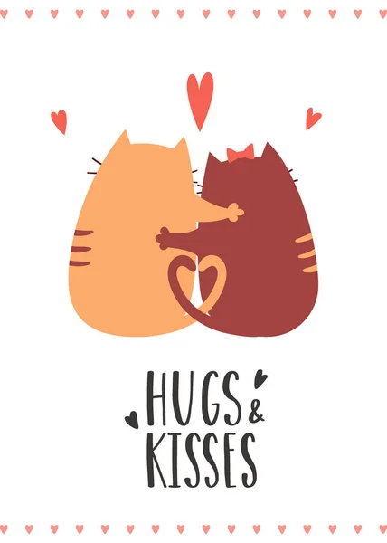 Valentine Day Greeting Card Lovers Hugging Cats Sitting Backs Handwritten — стоковый вектор
