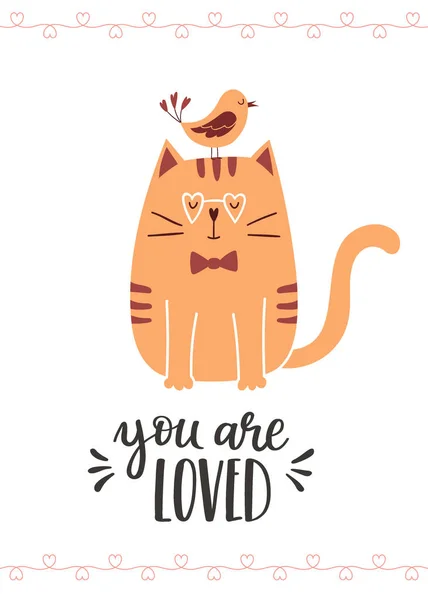 Μια Ευχετήρια Κάρτα Μια Χαριτωμένη Γάτα Γυαλιά Και Ένα Πουλί — Διανυσματικό Αρχείο