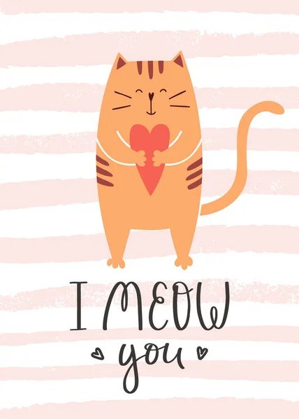 Valentine Day Greeting Card Adorable Standing Cat Holding Heart Its — стоковий вектор