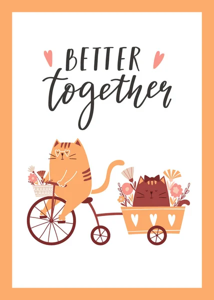 Valentin Napi Üdvözlőkártya Aranyos Macskák Biciklizés Egy Kosár Virágok Kézzel — Stock Vector