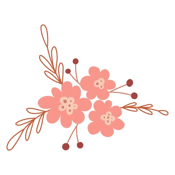 Simple Floral Arrangement Abstract Pink Flower Buds Leaves Twigs Berries — 图库矢量图片
