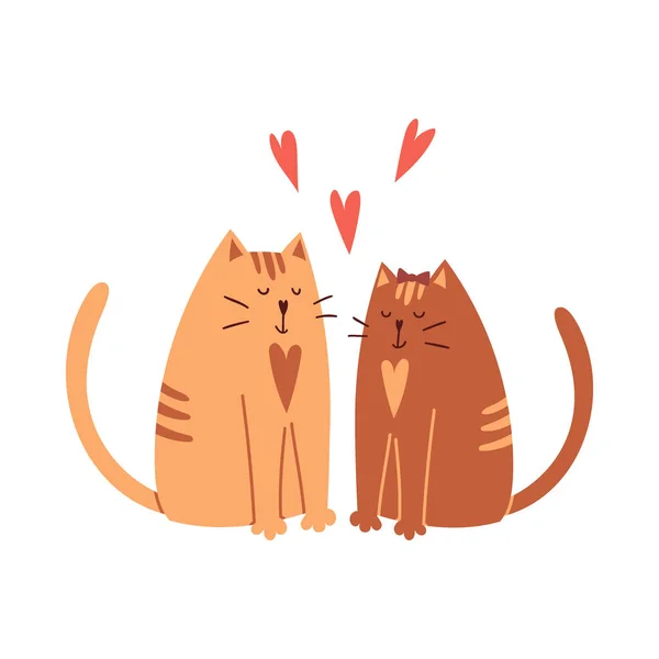 Roztomilé Zamilované Kreslené Kočky Sedí Usmívají Jednoduché Dětské Postavy Valentýnské — Stockový vektor