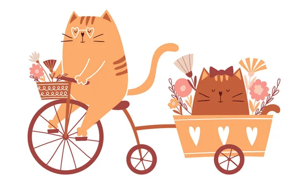 Mignon Dessin Animé Chat Monte Vélo Porte Chat Dans Chariot — Image vectorielle