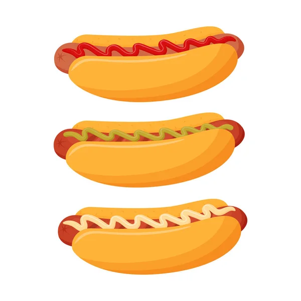 Hot Dog Sausage Various Sauces Mayonnaise Ketchup Mustard Sausage Bun — Stock vektor