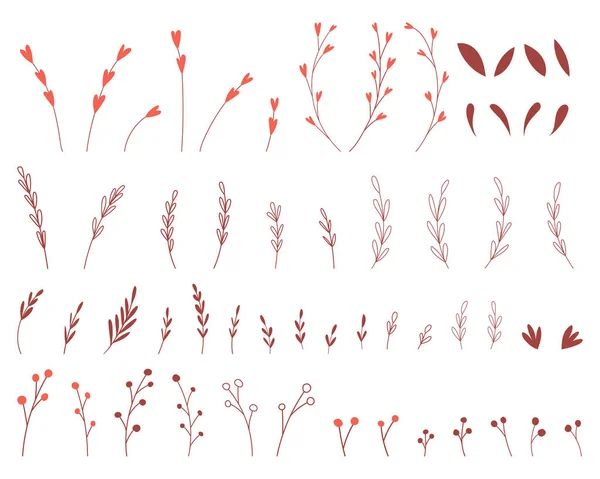 Eine Reihe Einfacher Botanischer Elemente Zweige Blätter Zweige Mit Herzen — Stockvektor