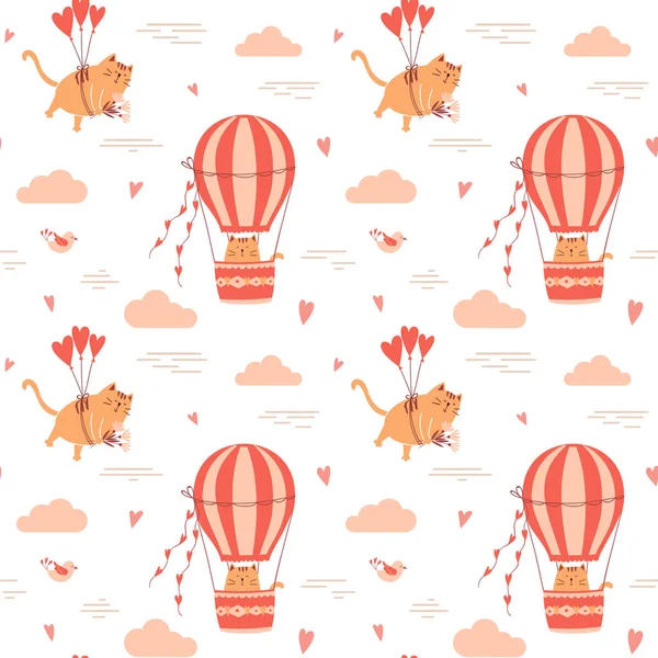 Seamless Pattern Cute Cats Flying Balloons Hot Air Balloon Perfect — Vetor de Stock