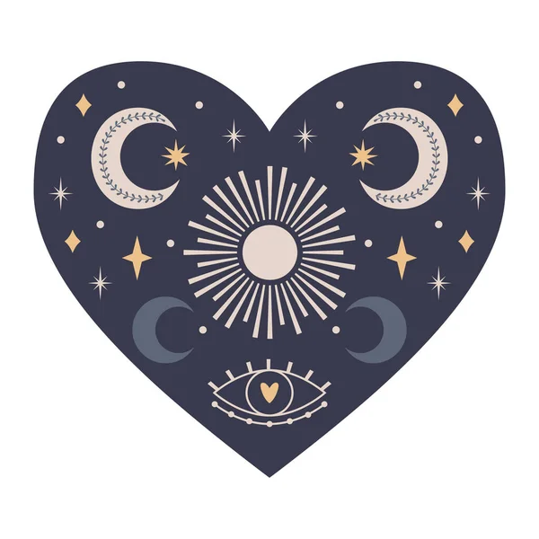 Coração Místico Simétrico Com Elementos Celestes Boho Lua Sol Estrelas — Vetor de Stock