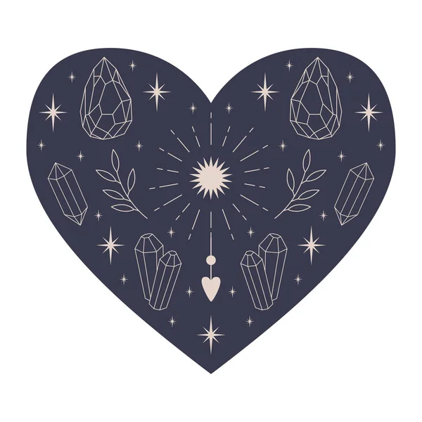 Συμμετρική Μυστική Καρδιά Κρυστάλλους Περίγραμμα Ήλιο Ακτίνες Κλαδιά Και Καρδιά — Διανυσματικό Αρχείο