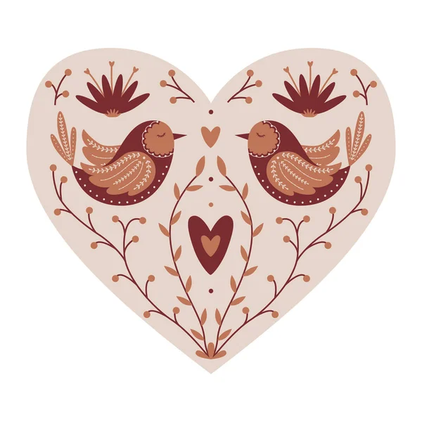 Coração Místico Simétrico Com Pássaros Galhos Corações Elemento Decorativo Para — Vetor de Stock