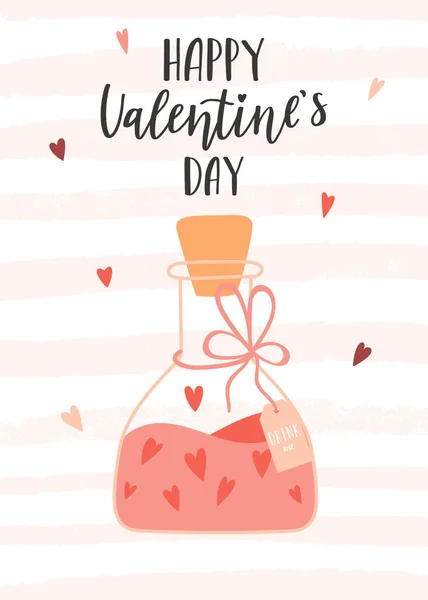 Valentijnskaart Met Een Liefdeselixer Een Fles Een Etiket Een Handgeschreven — Stockvector