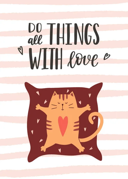 Greeting Card Cat Lying Pillow Outstretched Paws Handwritten Phrase All - Stok Vektor
