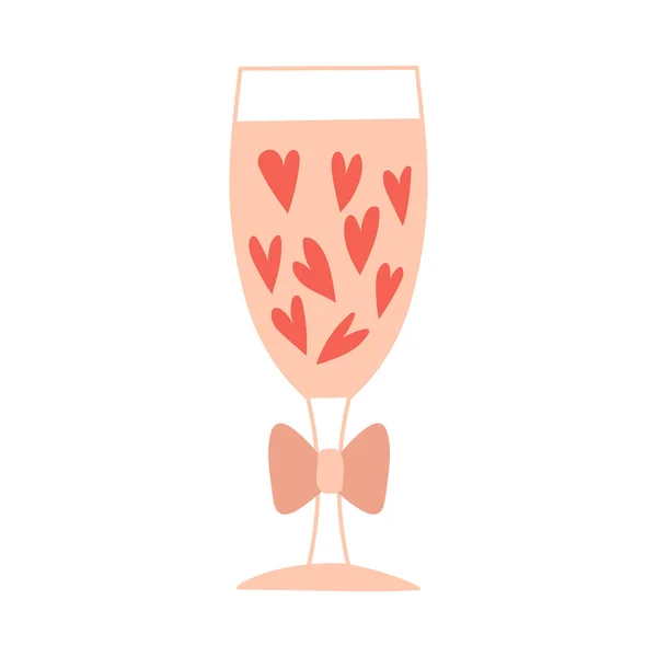 一个有心和弓的杯子 装饰元素 一杯加酒的杯子情人节的装饰元素 在白色背景上孤立的彩色矢量图 — 图库矢量图片