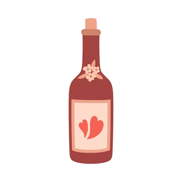 Botella Vino Con Corcho Flores Corazones Bebida Vino Símbolo Del — Vector de stock