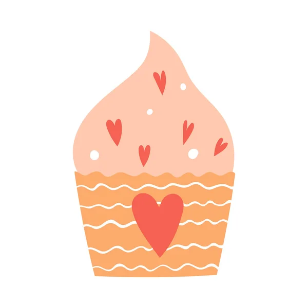 スプリンクルと心を持つクリームとカップケーキ 甘い食べ物 ペストリー バレンタインデーの装飾的な要素 白を背景にしたシンプルなフラットカラーベクトルイラスト — ストックベクタ