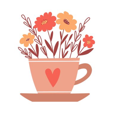 Bouquet with simple red and yellow flowers and twigs in a cup with a heart and saucer. Decorative element for Valentine's Day cards. Simple flat color vector illustration isolated on white background