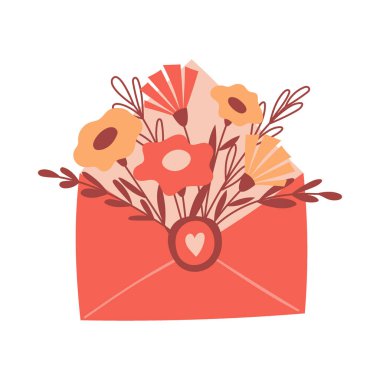 A bouquet with simple red and yellow flowers and twigs in an envelope with a heart. Decorative element for Valentine's Day cards. Simple flat color vector illustration isolated on white background