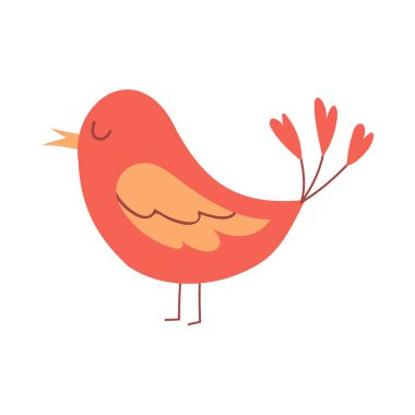 Kuyruğunda kalp şeklinde tüyler olan basit bir kırmızı kuş. Sevgililer günü kartları için hoş bir dekoratif karakter. Beyaz arkaplanda izole edilmiş basit düz renk vektörü çizimi