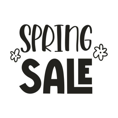 Bahar indirimi. Karalama çiçekleriyle el yazısı. Kart şablonu, tebrik kartları, posterler, medya için el yazısıyla yazılmış ifade. Beyaz arkaplanda izole edilmiş siyah ve beyaz vektör çizimi