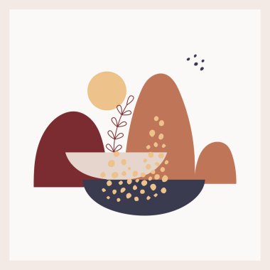 Soyut, dokusal formlara ve elementlere sahip bir kartpostal, güneş, dağlar, nötr bir dal, pastel renkler. Boho manzarası. Kare poster, baskı. Asgari ve doğal duvar sanatı. Vektör illüstrasyonu.