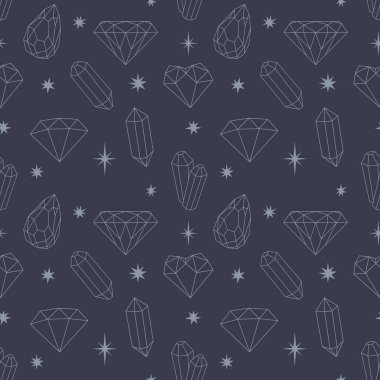 Taslak kristalleri, elmasları, elmasları, koyu mavi arka planda yıldızları olan vektörsüz desen. Paket kağıtları, tişörtler, hatıra defterleri için. Tekstil, duvar kâğıdı, yastık, kırtasiye.