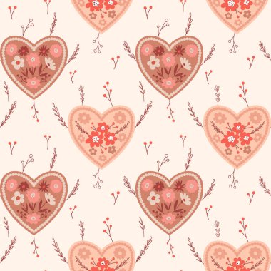 Basit dalları ve çiçekleri olan yaratıcı çiçekli kalplerle kusursuz bir model. Paket kağıdı, tebrik kartı, yapıştırma kitabı, kumaş, tekstil, duvar kağıdı, kırtasiye tasarımı için renk arkaplanı