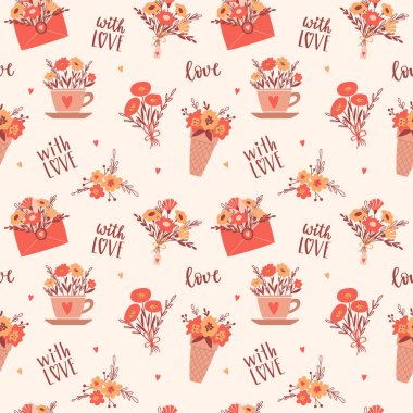 Sevgililer günü, basit kırmızı ve sarı çiçekli kusursuz doğum günü şablonu, bir zarfta buketler, bir fincan, el yazısıyla yazılmış aşk sözcükleri. Açık bej arkaplanda vektör illüstrasyonu