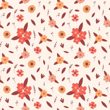 Basit, çiçekli, botanik, elementler, tomurcuklar, çiçek açan dallar ve yapraklarla kusursuz bir desen. Açık bej arka planda elle çizilmiş renk vektör çizimleri. Ambalaj kağıdı ve tekstil için mükemmel
