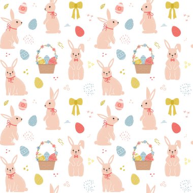 Çizgi film tavşanları, paskalya yumurtaları, hasır sepet ve doku vuruşlarıyla kusursuz desen. Paket kağıdı, tekstil, hediyelik eşya. Beyaz arkaplanda renk vektörü çizimi