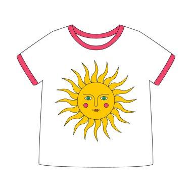 Kısa kollu beyaz tişört ve güneş ışınları ve gözleri olan retro güneş. Bir yaz elbisesi. Beyaz arkaplanda izole edilmiş, dış hatları olan bir renk vektör çizimi