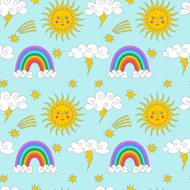 Bulutlu, gökkuşaklı, güneşli kusursuz desen. Antika tarzında özeti olan sevimli elementler. Çocuklar ve ev tekstil ürünleri için harika, açık mavi bir ba üzerindeki renk vektör çizimleri