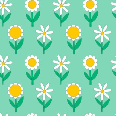 Basit papatyalarla kusursuz desen. Botanik minimalistik desen. Retro vintage elementler ve bir inme. Çocuklar ve tekstil ürünleri için harika. Yeşil üzerinde renk vektörü çizimleri.