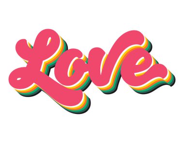 Aşk, tipografik bir tabir. Hacimli harflerle 3 boyutlu harfler, 80 'ler-90' lar nostaljisi, çok renkli katmanlı eski yazılar. Vektör illüstrasyonu beyaz arkaplanda izole edildi