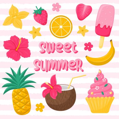 Güzel yaz. Metin, parlak yaz meyveleri, şekerler ve dondurmayla dolu kare bir kartpostal. Mevsimlik tatlı yiyecekler, yaz sembolleri. Beyaz arkaplanda düz çizgi film tarzında vektör illüstrasyonu