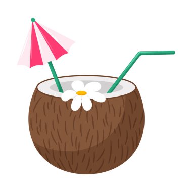 Saman, şemsiye ve çiçekli hindistan cevizi kokteyli. Plaj yazı ferahlatıcı bir içecek. Bir plaj partisinin sembolü. Beyaz arkaplanda izole edilmiş düz çizgi film tarzında vektör illüstrasyonu