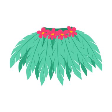 Tropikal yapraklar ve çiçeklerden yapılmış Hawaii plaj eteği. Soyut bir giysi öğesi. Beyaz arkaplanda izole edilmiş düz çizgi film tarzında vektör illüstrasyonu
