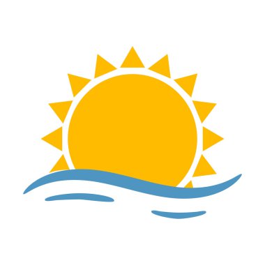 Deniz dalgalı basit bir güneş. Üçgen ışınlı soyut güneş. Yazın, havanın sembolü. Beyaz arkaplanda izole edilmiş düz çizgi film tarzında basit bir vektör illüstrasyonu
