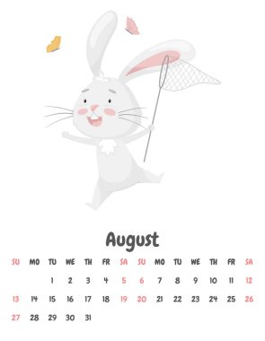 Ağustos 2023 takvim sayfasında kelebekleri ağla yakalayan sevimli komik bir tavşan var. Sevimli bir hayvan, pastel renkli bir karakter. Çocuk takvimi. Beyaz üzerine vektör illüstrasyonu