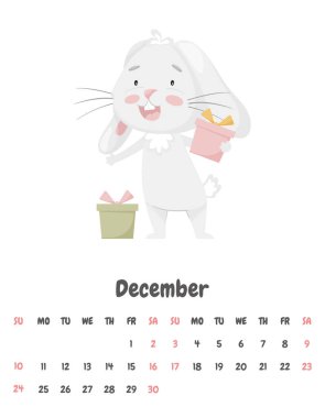 Aralık 2023 takvim sayfası. İçinde hediye kutuları olan mutlu bir tavşan var. Sevimli bir hayvan, pastel renkli bir karakter. Çocuk takvimi. Beyaz arkaplanda vektör illüstrasyonu.
