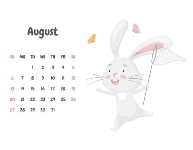 Ağustos 2023 takvim sayfasında kelebekleri ağla yakalayan sevimli komik bir tavşan var. Sevimli bir hayvan, pastel renkli bir karakter. Çocuk takvimi. Beyaz üzerine vektör illüstrasyonu.