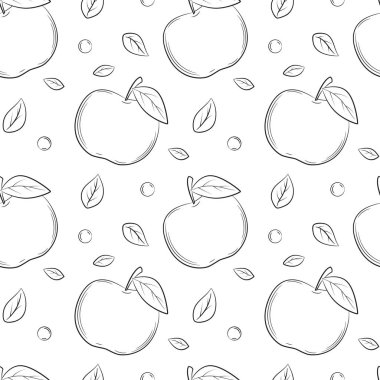 Tek renkli, siyah beyaz, pürüzsüz desen. Elle çizilmiş yapraklı elmalar. Web tasarımı, ürün ambalajı, peçeteler, arka planlar için basit bir özet. Beyaz üzerine vektör illüstrasyonu.
