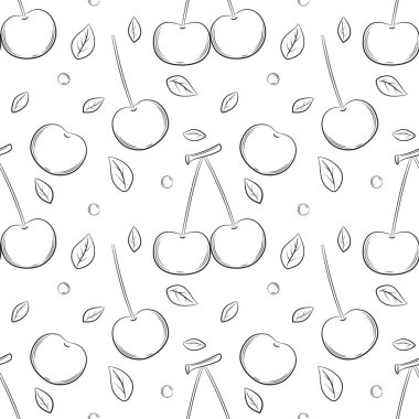 Tek renkli, siyah beyaz, dikişsiz meyve deseni. Yapraklı kiraz meyvesi. Web tasarımı, ürün ambalajı, peçeteler, arka planlar için basit bir özet. Beyaz üzerine vektör illüstrasyonu