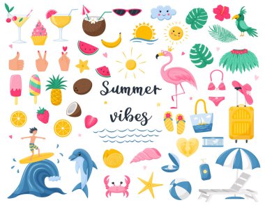 Bir dizi parlak yaz dekoratif unsurları. Meyve, plaj aksesuarları, flamingo, sörfçü, meyve. Beyaz arkaplanda izole edilmiş düz çizgi film tarzında şirin vektör çizimleri