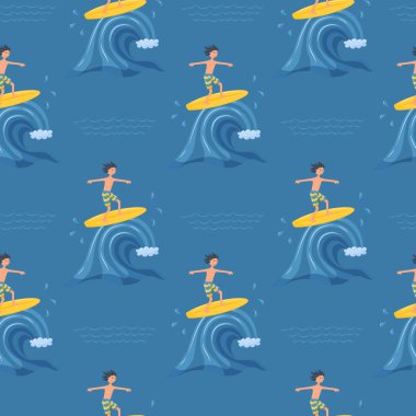 Dalganın üstünde sörfçü bir çocuk vardı. Aktif yaz sporları, eğlence. Deniz, okyanus dalgası. Yaz kıyafetleri, havlular, plaj aksesuarları için. Koyu mavi arkaplanda vektör illüstrasyonu