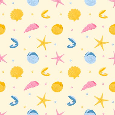 Denizyıldızı, deniz yıldızı, deniz kabuğu ve incilerle kusursuz desen. Deniz hayvanları. Bej arkaplanda düz çizgi film tarzında vektör illüstrasyonu. Yaz için, sahil tekstil ve aksesuarları