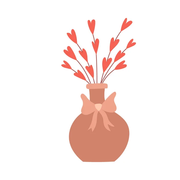 Bouquet Simple Twigs Heart Shaped Leaves Vase Bow Decorative Element — 图库矢量图片